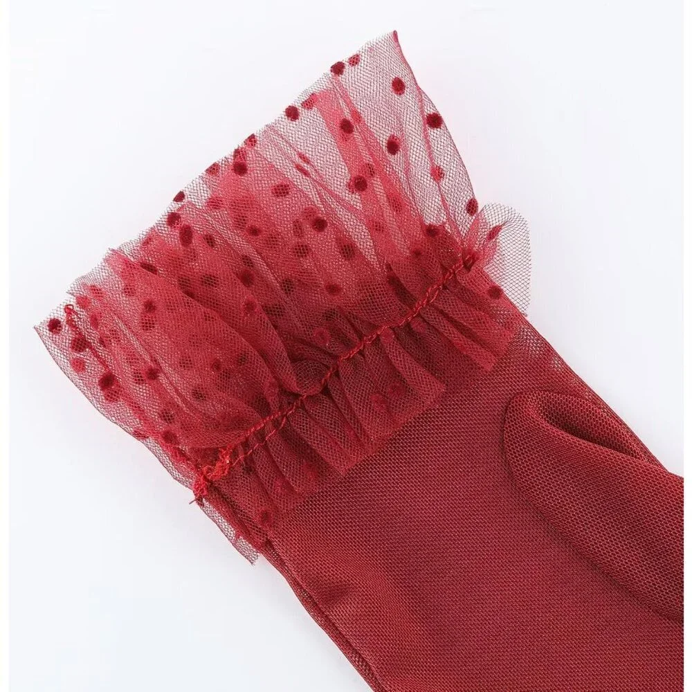 Women's Short Lace Burgundy Sheer Mesh Tea Party Prom Gloves Banquet Costume